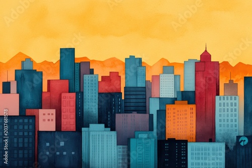 A stunning urban skyline at sunset, showcasing colorful buildings against a vibrant sky.