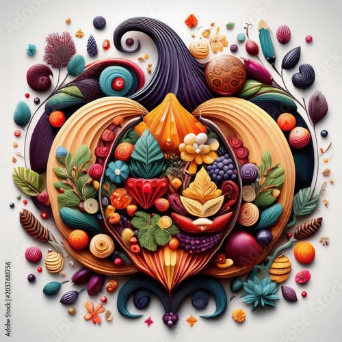 A vibrant and artistic arrangement of colorful fruits, leaves, and flowers, showcasing nature's beauty.
