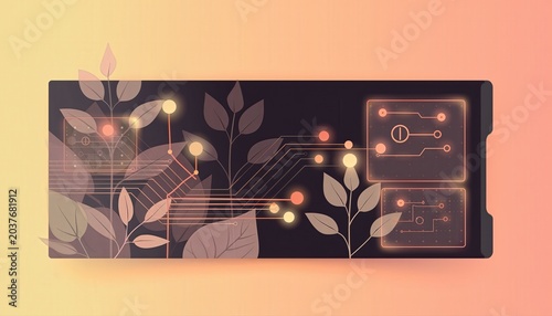 A vibrant fusion of digital circuitry and botanical elements, symbolizing the harmony between nature and technology.