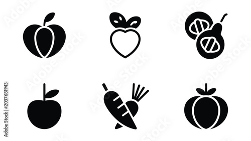 Fruit and Vegetable Solid Icons Set – Apple, Peach, Carrot, Pumpkin, Healthy Food Symbols Collection