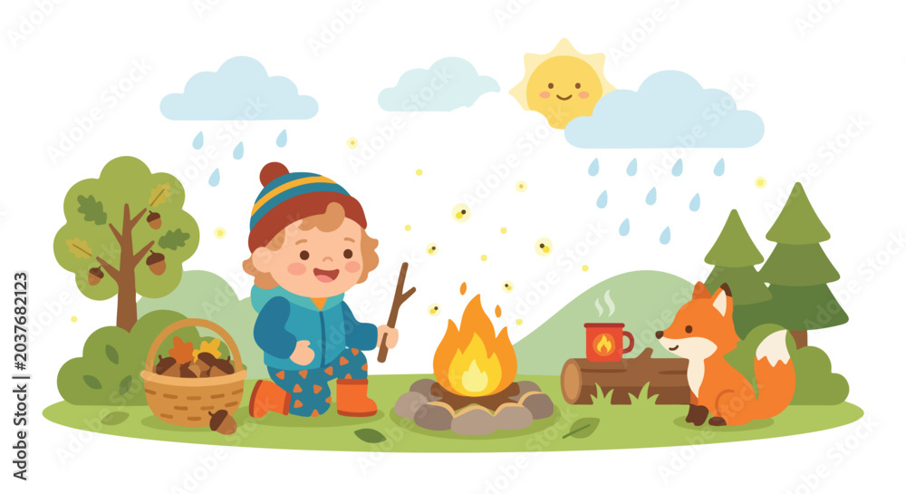 Naklejka premium A whimsical vector illustration shows a happy child and a friendly fox sitting by a cozy campfire in a rainy, autumnal forest scene.