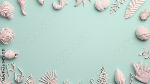 Delicate pastel seashells arranged on a soft blue background, creating a tranquil coastal atmosphere.