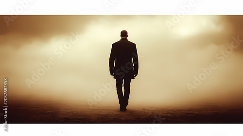 Solitary Figure Walking Through a Hazy Landscape