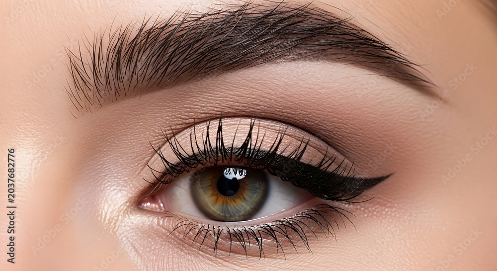 Naklejka premium Closeup of elegant eye with winged eyeliner and natural eyebrow.