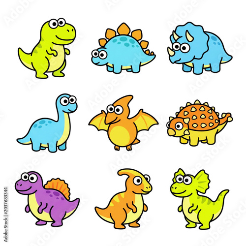Cute Fat Chubby Dinosaur Cartoon Collection Set Flat Vector Illustration Isolated on White Background