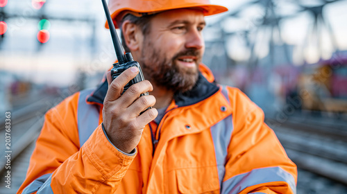 A realistic commercial stock photo of railway track maintenance communication during dusk shift, close-up of track engineer using handheld radio beside active rail line, orange hig