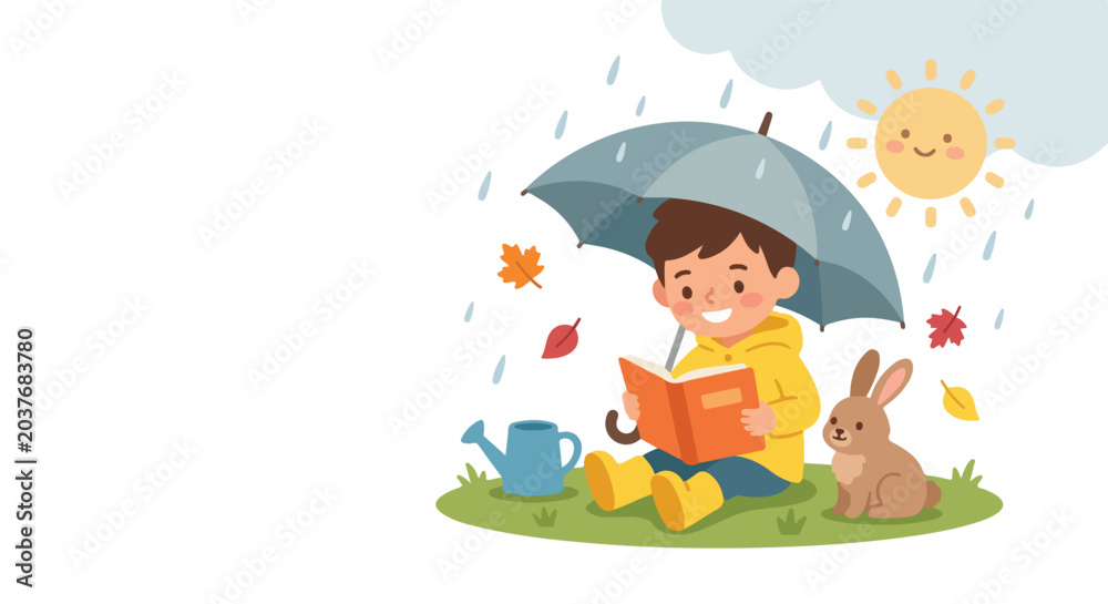 Naklejka premium A boy in a yellow raincoat reads a book under an umbrella during a sunshower, accompanied by a small rabbit and falling leaves.