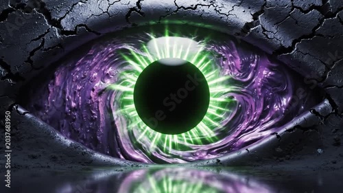 Abstract eye design with surreal colors and cracked surface