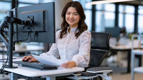 Ergonomic standing desk workstation with adjustable monitor arms, lumbar support chair, wrist rests, and cable management, office worker in focused posture reviewing documents in bright open-plan co