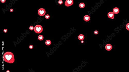Floating love reactions for social media live streaming on black background, flying moving upwards direction. Love button emoji motion graphic, social media interaction bubbles floating up animation