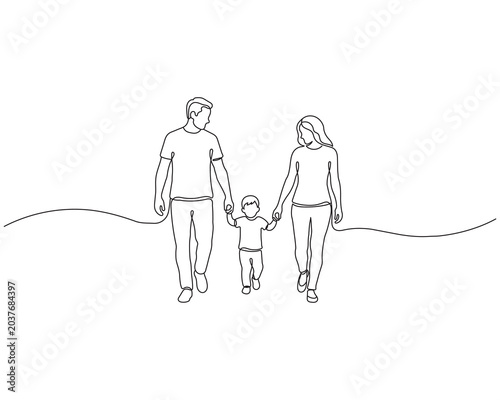 Continuous line drawing of happy family walking together holding hands vector minimalist art illustration.