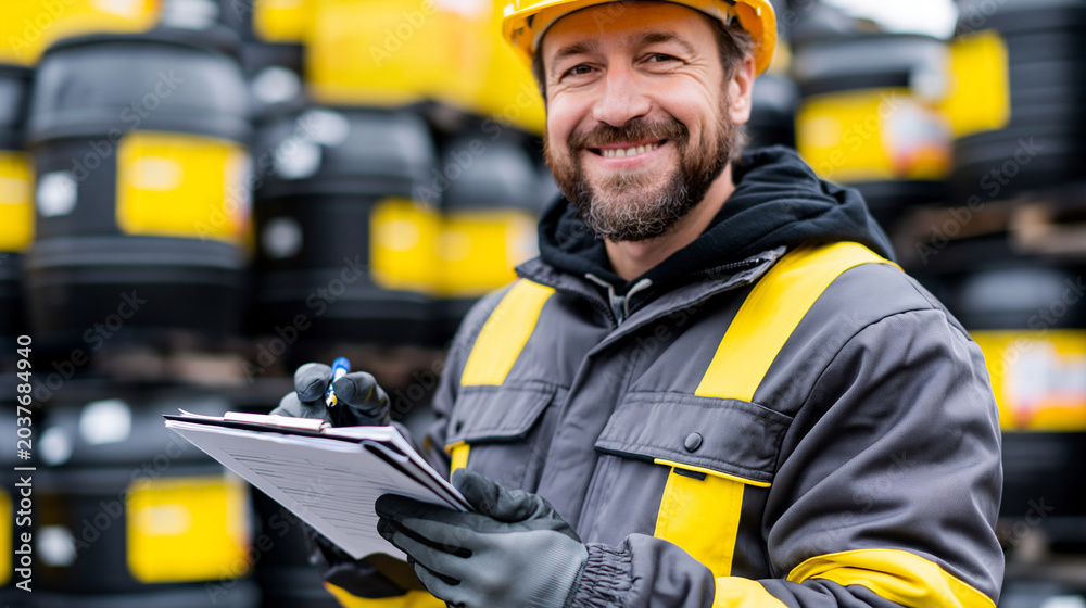 Fototapeta premium A realistic commercial stock photo of a professional male hazardous waste inspector cataloguing chemical drum storage at industrial waste management facility, safety helmet gloves