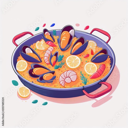 A colorful illustration of a seafood paella with shrimp, mussels, and lemon slices in a traditional pan.