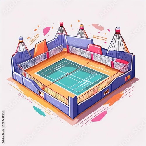 A colorful illustration of a tennis court, designed for vibrant sports graphics and promotional material.