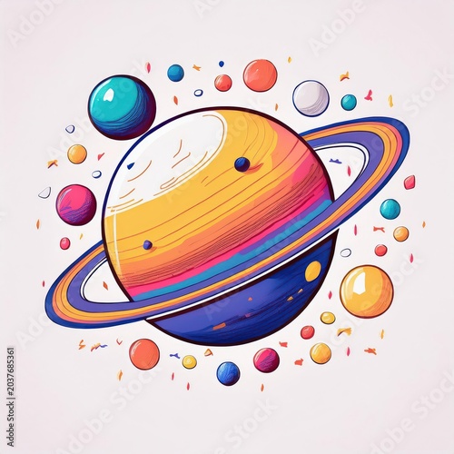 A colorful illustration of Saturn surrounded by various planets, showcasing the beauty of our solar system.