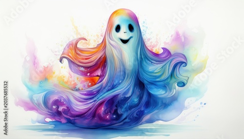 A colorful, whimsical ghost illustration with swirling patterns and a cheerful face, evoking a sense of joy.
