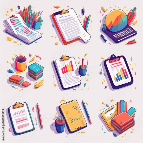 A colorful workspace with various tools for productivity and creativity in a modern, digital age.