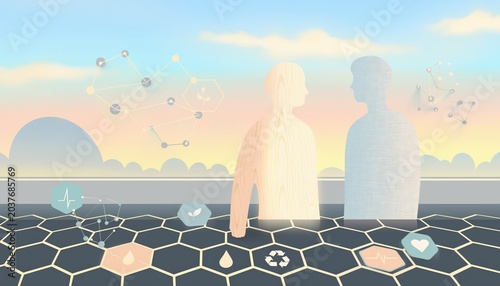A conceptual illustration of two figures representing connection, surrounded by symbols of health and technology.
