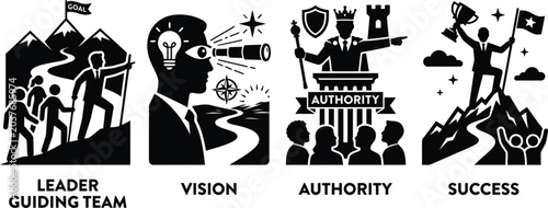 Business leadership icons, visionary leadership, authority symbols, success concepts, team guidance vector