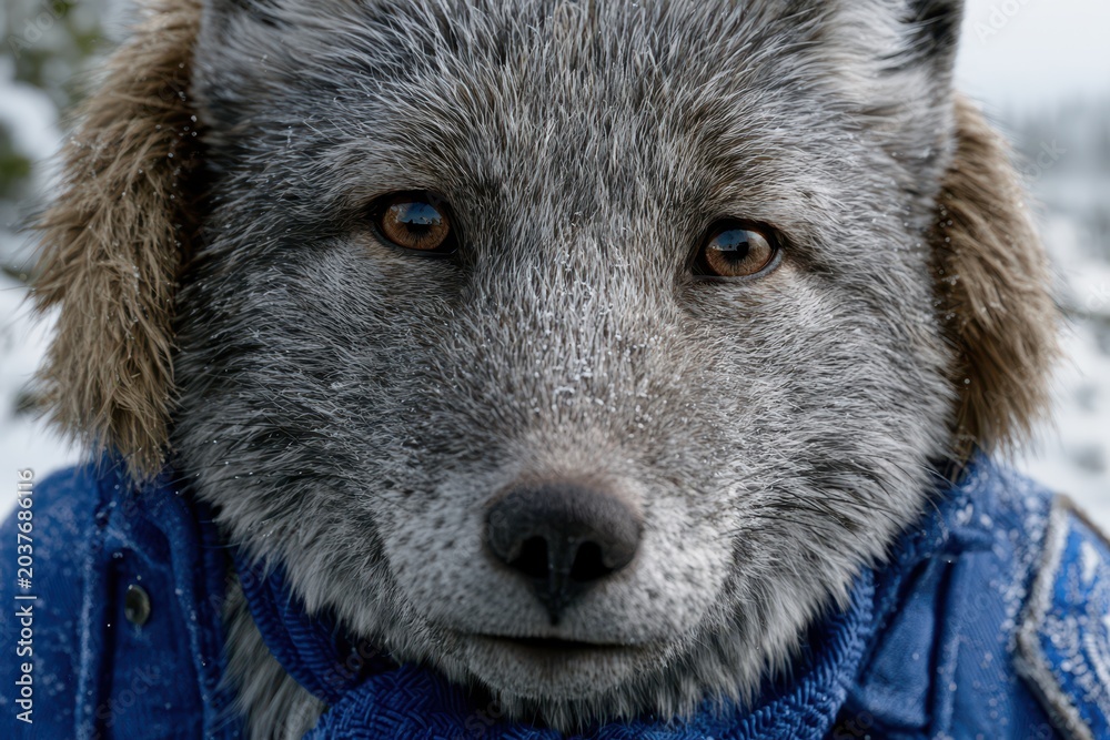 Naklejka premium Close-up portrait of a fluffy arctic fox with piercing brown eyes wearing a blue scarf and jacket