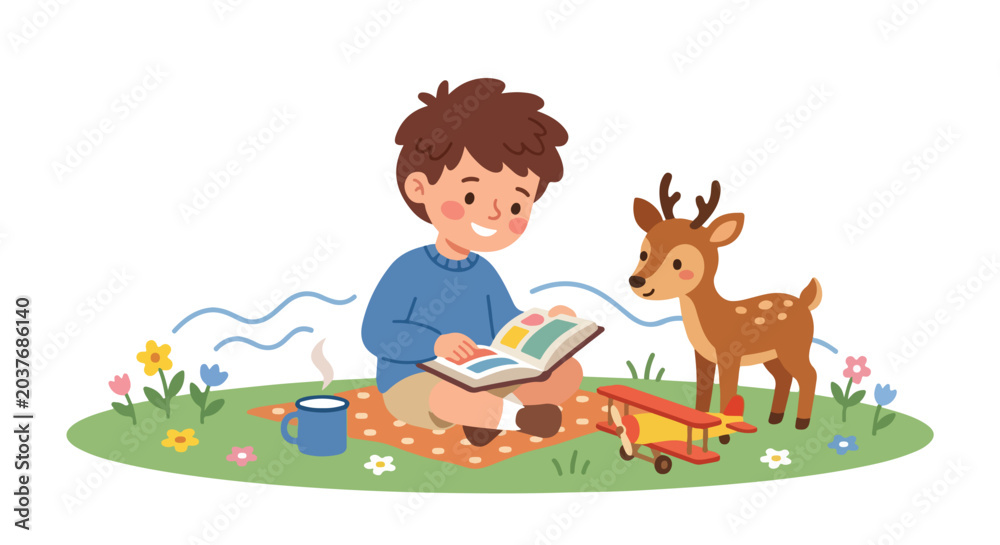 Naklejka premium A cheerful young boy sits on a picnic blanket outdoors, reading an illustrated book to a small, friendly deer in a peaceful meadow setting.