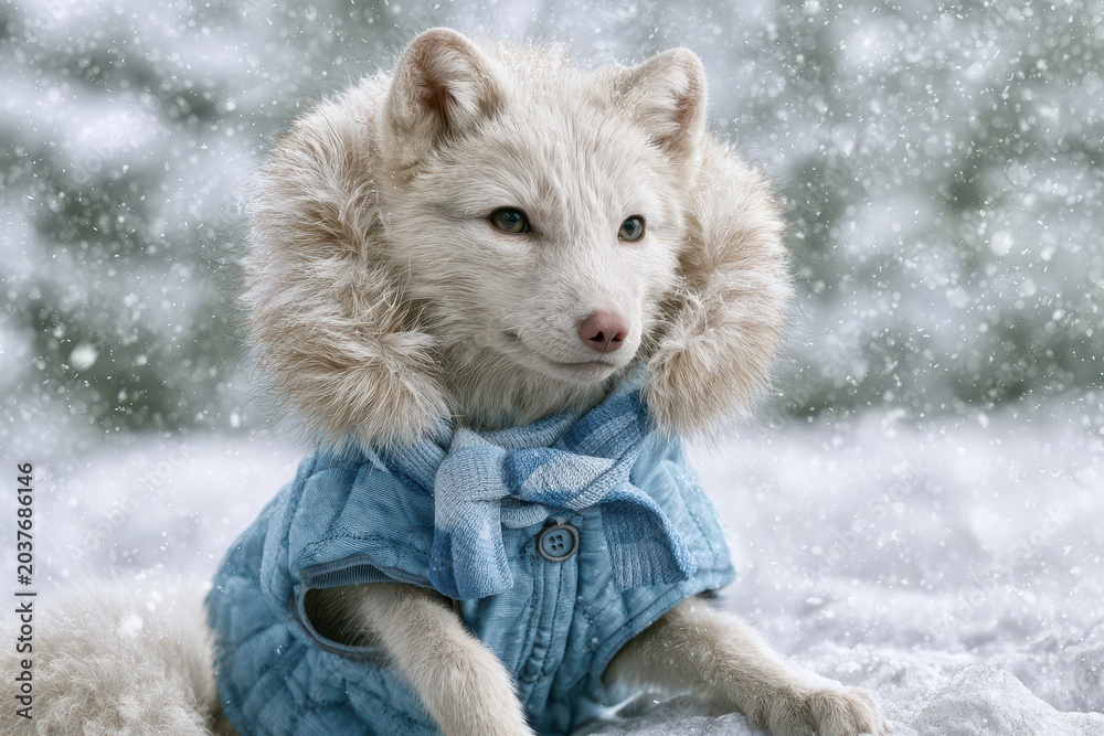 Naklejka premium Adorable white fox cub wearing a cozy blue knitted jacket and scarf in falling snow.
