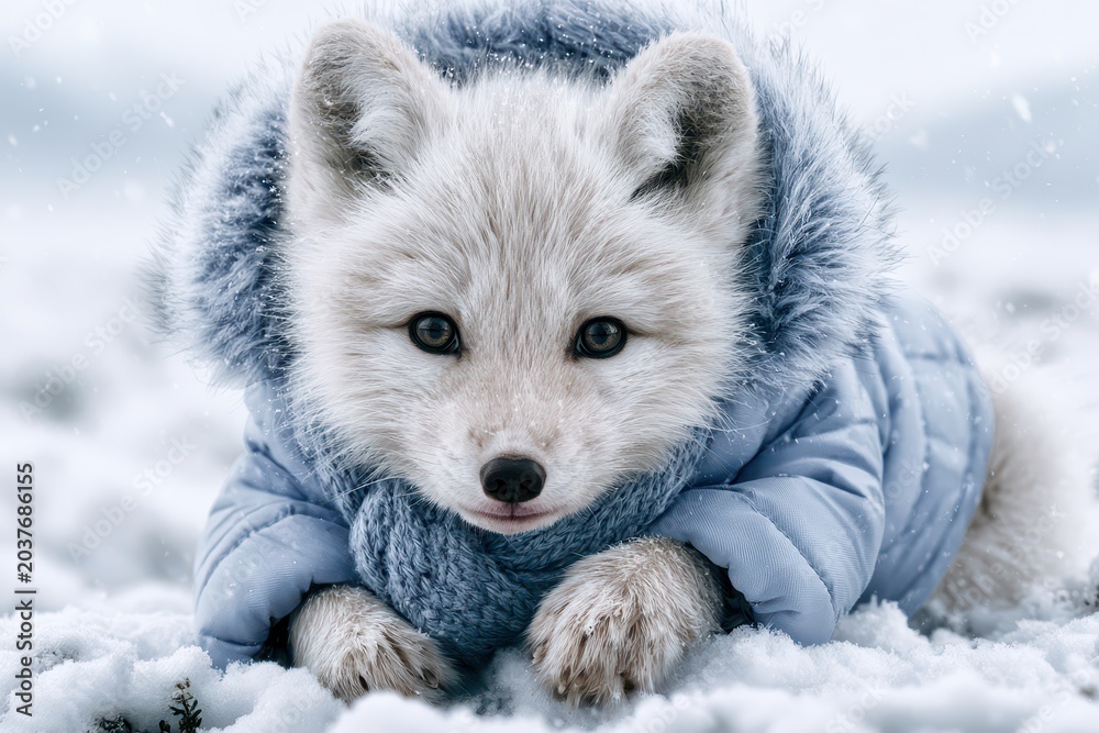 Naklejka premium Adorable arctic fox cub wearing a cozy blue winter jacket and scarf, nestled in soft snow during a snowfall.