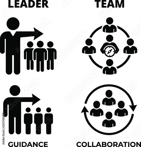 Business teamwork icons, leadership symbols, collaboration graphics, management illustrations