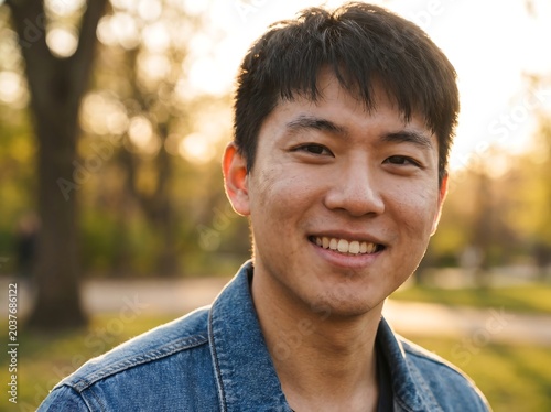 Smiling young Asian man outdoors.