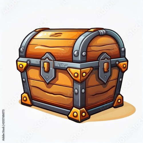 A detailed wooden treasure chest with metallic accents and a rustic design, perfect for fantasy themes.