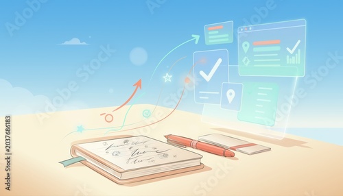A digital workspace with a notebook and tools for planning and organization in a clear, modern design.