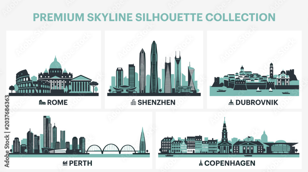 Obraz premium Premium City Skyline Silhouette Collection with Modern International Landmarks and Teal Monochrome Urban Architecture Vector Set