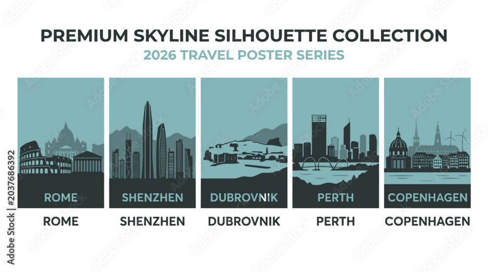 Obraz premium Premium Teal Skyline Silhouette Collection with Minimal Travel Poster Cityscape and Urban Landmark Graphics
