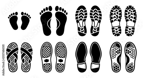 Foto Footprint and Shoe Print Silhouette Collection - Black Vector Icons Set of Baref