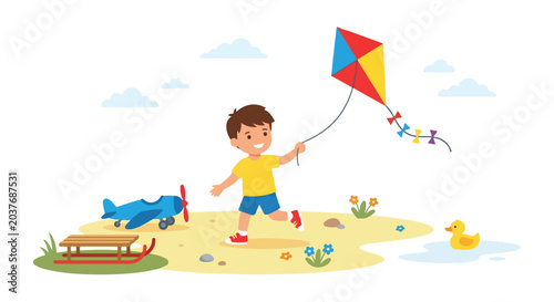 A cheerful young boy flies a colorful kite outdoors, surrounded by toys like a blue airplane and a wooden sled near a small puddle with a duck.