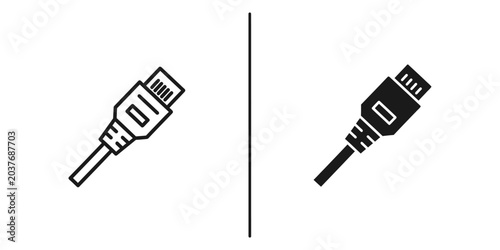 Network cable connector icons in line art and silhouette style on white background