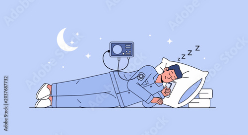 Man sleeping connected to medical sleep study device