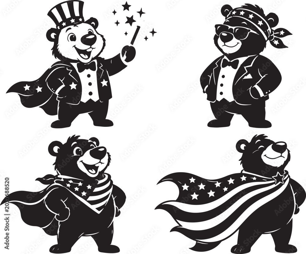 Fototapeta premium Cute Patriotic Bear Mascot Bundle Silhouette Vector Set with American Flag Cape, Cool Cartoon Animal Characters for Independence Day Clipart Design