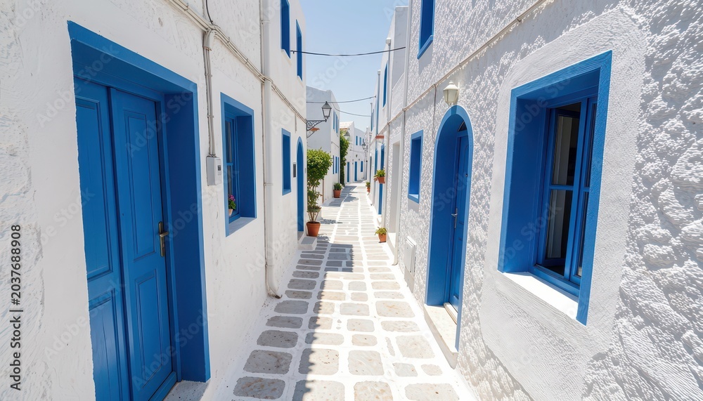 Fototapeta premium Blue Door Alleyway with White Buildings Isolated on Transparent Background