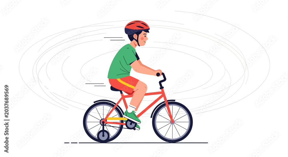 Fototapeta premium Young boy riding bicycle with training wheels, wearing helmet, motion blur