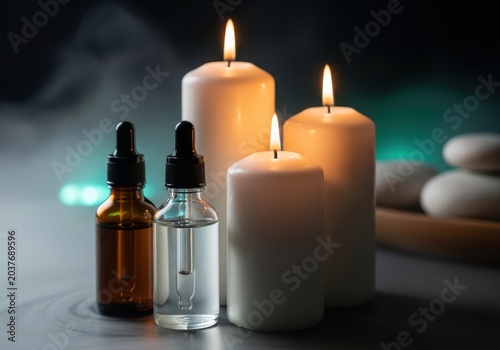 Serene ambiance with essential oil bottles and lit candles on a stone surface.