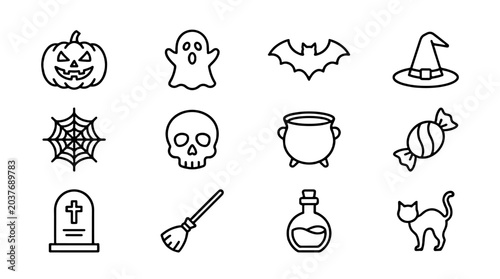 Foto Set of Halloween outline icons with spooky holiday symbols