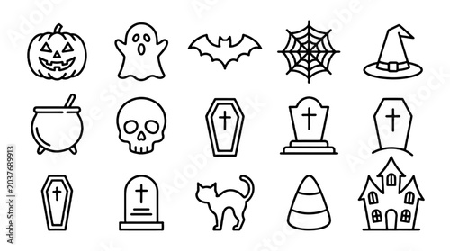 Schilderij op canvas Halloween outline icon set with pumpkin ghost bat and tombstones