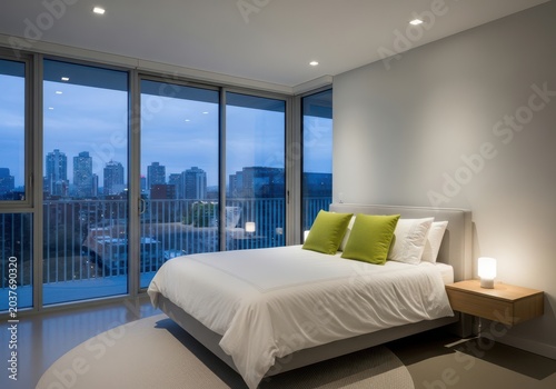 Modern bedroom with panoramic city view and large glass windows at dusk