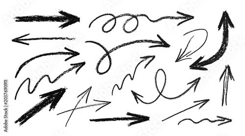 Sketchy black hand drawn arrow set with rough scribble lines