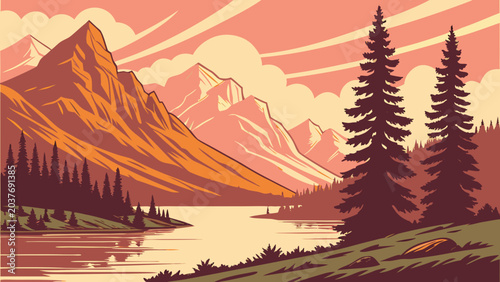 Retro Mountain Lake Poster