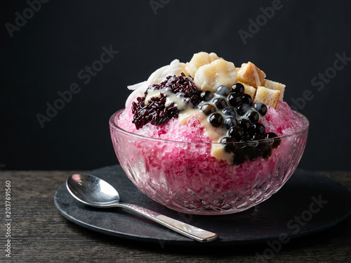 Asian Shaved Ice Dessert with Boba and Sticky Rice in Pink Bowl