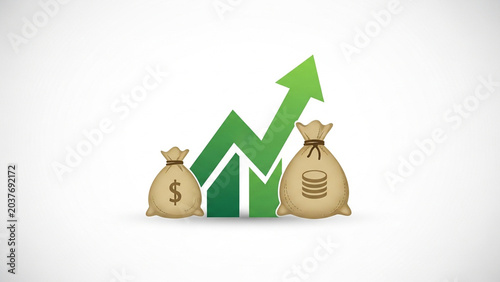 Financial Growth Concept with Money Bags and Upward Arrow in Green