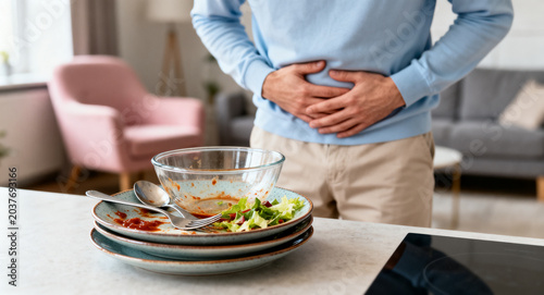 Man holding his stomach in pain after eating, with a pile of dirty dishes on the counter