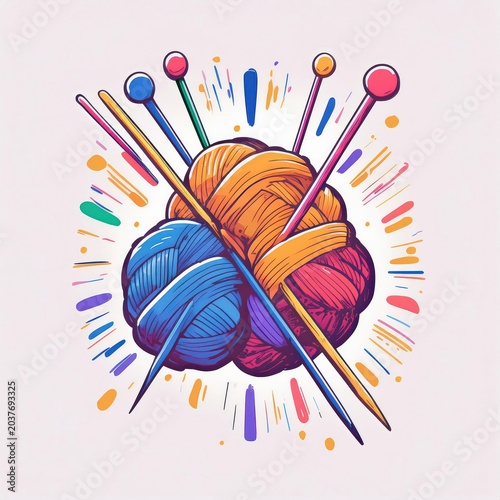 Colorful yarn ball and knitting needles create a vibrant, artistic showcase for craft enthusiasts and hobbyists.
